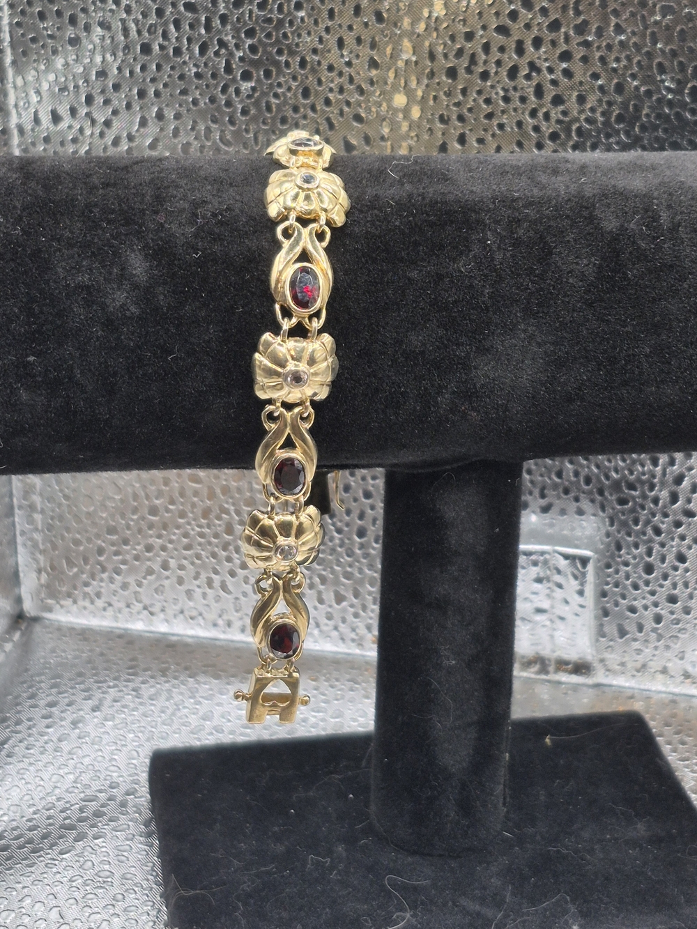 Genuine Oval Garnet With White Zircon Floral Style Bracelet